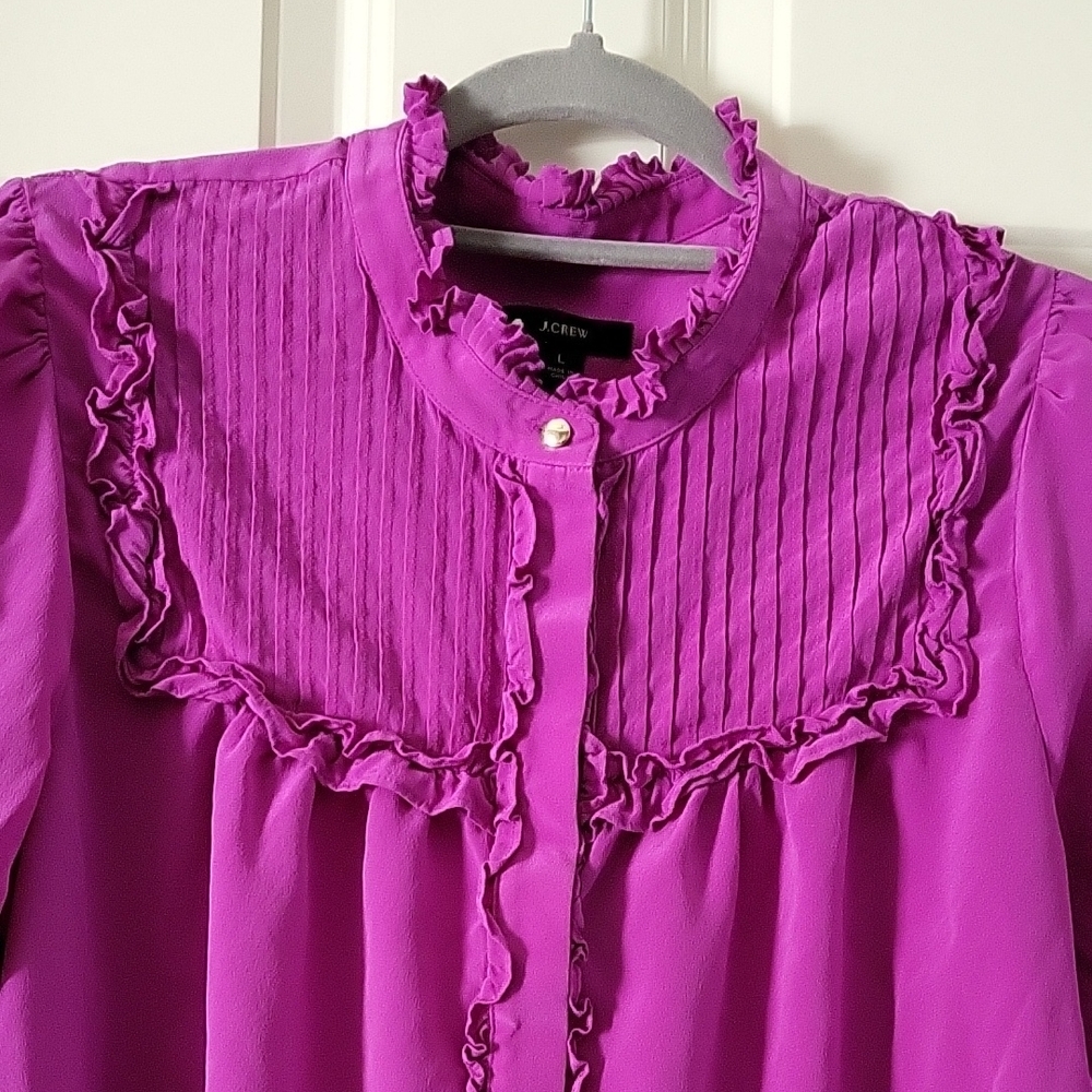 J. Crew Purple 100% Silk Ruffle Blouse Women's Large - Picture 6 of 12
